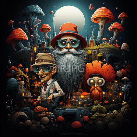 High Resolution: Illustration of three whimsical elderly characters with oversized features in front of an enchanted forest village at night under moonlight download. | HRJPG.com