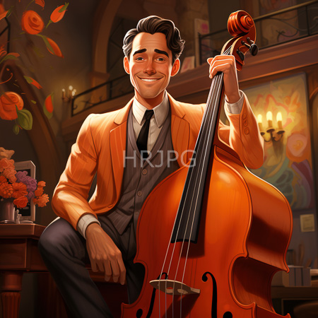 High Resolution: Attractive young man with dark hair and mustache playing a cello in warm lighting wearing a tan suit jacket and gray vest download. | HRJPG.com