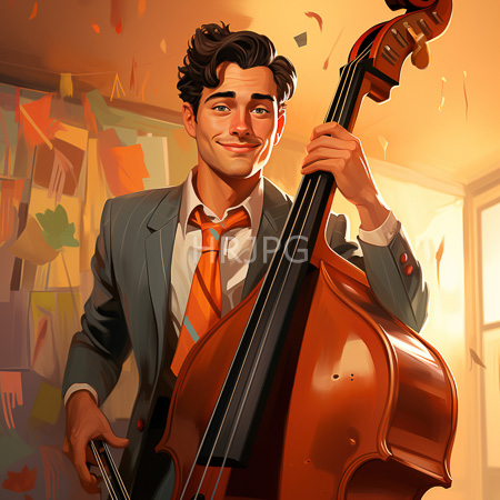 High Resolution: Attractive young man with curly dark hair wearing a gray suit jacket and orange tie holds a large wooden cello and smiles warmly download. | HRJPG.com