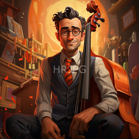 High Resolution: Older man with gray hair wearing glasses and a blue vest sitting cross-legged on his orange double bass inside a warmly lit music shop download. | HRJPG.com
