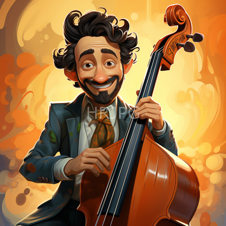 High Resolution: Animated curly-haired man with dark skin playing a cello against a warm orange-yellow bokeh background wearing a blue jacket and yellow tie download. | HRJPG.com