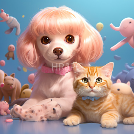 High Resolution: Adorable pink-haired poodle puppy wearing a pink collar sits beside a cute orange tabby kitten adorned in a blue bowtie against a whimsical background download. | HRJPG.com