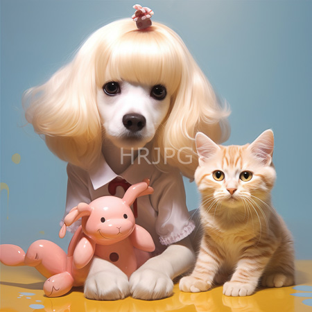 High Resolution: Adorable poodle puppy with blonde wavy hair wearing a white shirt and red tie with a pink mouse on its head beside an orange tabby kitten download. | HRJPG.com
