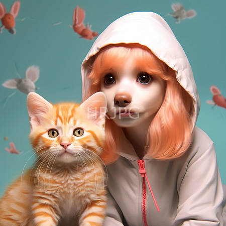 High Resolution: Anthropomorphic dog with peach-colored hair wearing a white hooded jacket sits beside a cute orange tabby kitten with blurred pink fish in the background download. | HRJPG.com