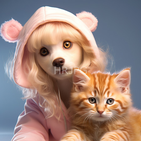 High Resolution: Anthropomorphic dog with blonde hair wearing a pink bear-eared hoodie holds an orange tabby kitten against a blue gradient background download. | HRJPG.com
