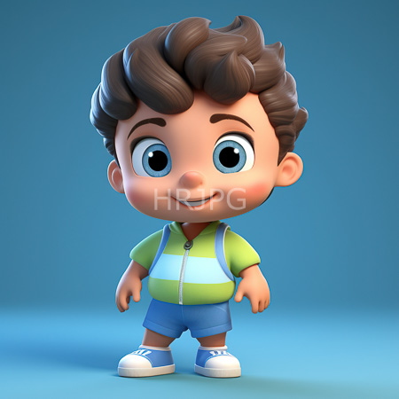 High Resolution: Adorable cartoon-style young boy with large blue eyes and brown curly hair wearing a green-and-blue striped shirt under light purple overalls download. | HRJPG.com