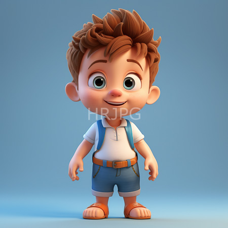 High Resolution: Adorable cartoon-style young boy with light brown spiky hair and large green eyes wears orange sandals denim shorts and a white short-sleeve shirt download. | HRJPG.com