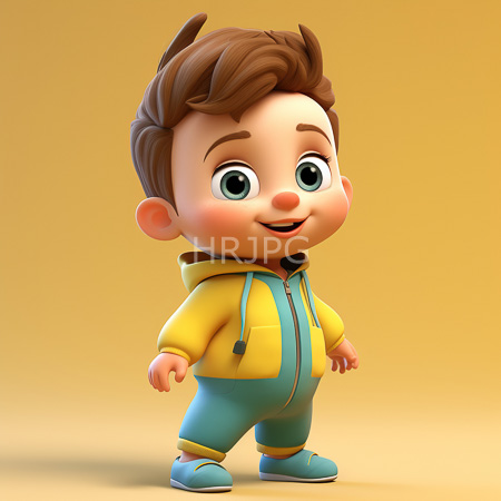 High Resolution: Adorable chubby-cheeked cartoon boy with light skin and brown hair wears a yellow hoodie over blue onesie pants against a solid beige background download. | HRJPG.com