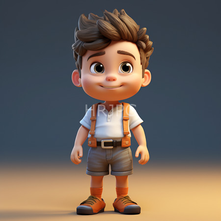 High Resolution: Adorable cartoon-style young boy with light skin and brown hair standing against a gradient background wears orange suspenders over a white polo download. | HRJPG.com