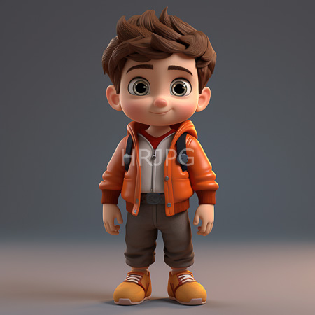 High Resolution: Adorable cartoon-style young boy with large brown eyes and tousled dark hair wears an orange jacket over a white shirt and black pants download. | HRJPG.com