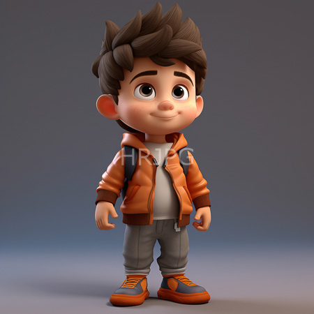 High Resolution: Adorable cartoon-style young boy with light brown skin and spiky dark hair wears an orange jacket over a white shirt and gray pants download. | HRJPG.com