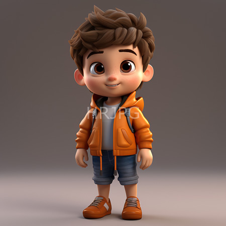 High Resolution: Adorable cartoon-style young boy with large brown eyes and tousled dark hair wearing an orange hoodie over a white shirt and blue shorts download. | HRJPG.com
