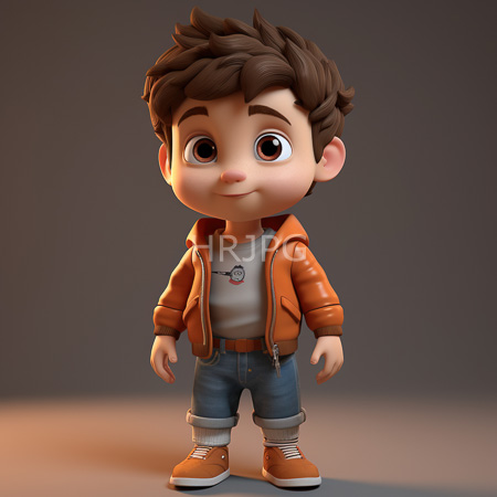 High Resolution: Adorable cartoon-style young boy with large brown eyes and spiky dark hair wears an orange leather jacket over a white shirt and blue jeans download. | HRJPG.com