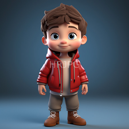 High Resolution: Adorable cartoon-style young boy with large blue eyes and brown hair wears a red puffy jacket over a white shirt and gray pants download. | HRJPG.com