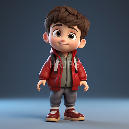 High Resolution: Adorable cartoon-style young boy with large brown eyes and short dark hair wears a red puffer jacket over gray pants and a white shirt download. | HRJPG.com