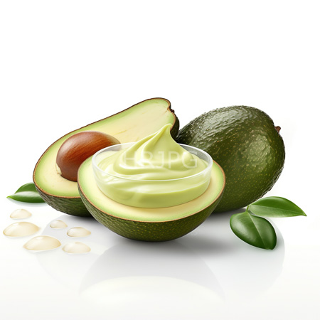 High Resolution: Two avocados one halved with a brown seed and creamy flesh in a glass cup with a whole avocado behind it on a white background download. | HRJPG.com