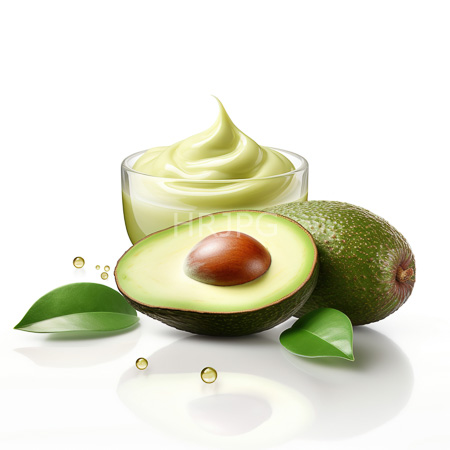 High Resolution: Avocado-themed scene on a white background featuring half-opened avocados one showing its brown seed and guacamole in a glass cup download. | HRJPG.com