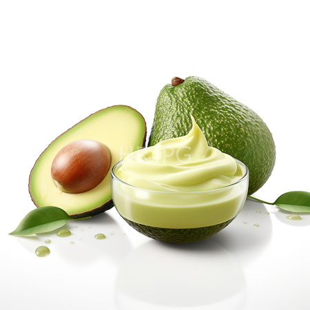 High Resolution: Three avocados and creamy avocado dip on a white background with one whole fruit a halved fruit and guacamole in a glass bowl download. | HRJPG.com
