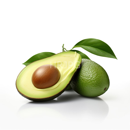 High Resolution: Two avocados against a white background one halved revealing a brown seed and creamy green flesh with smooth texture download. | HRJPG.com