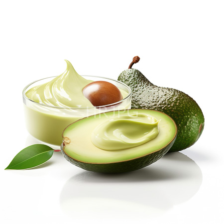 High Resolution: Three avocados and avocado butter on a white background one whole fruit a halved fruit and a large unpeeled fruit behind a glass bowl download. | HRJPG.com