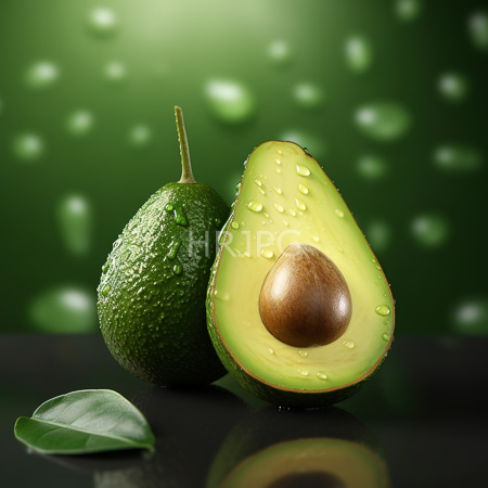 High Resolution: Two avocados on a black reflective surface one whole and one halved showing bright yellow-green flesh and a large brown seed with water droplets download. | HRJPG.com