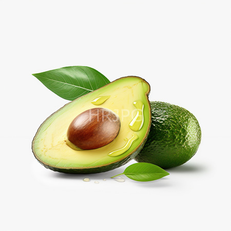 High Resolution: Two avocados on a white background one halved revealing creamy yellow flesh with a brown seed and glossy droplets download. | HRJPG.com