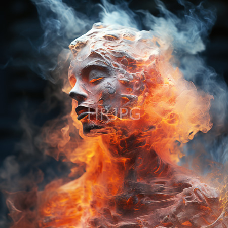 High Resolution: Abstract fiery human head with textured white and orange flames enveloping it with smoke swirling around against a dark background download. | HRJPG.com