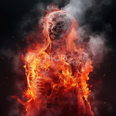High Resolution: Ethereal fiery figure with translucent skin and white hair engulfed in bright orange flames against a dark background with smoke swirling download. | HRJPG.com