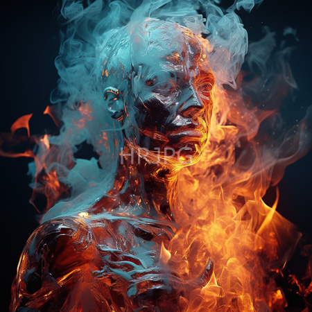 High Resolution: Abstract fiery humanoid figure with glowing orange and blue flames enveloping its face and upper body against a dark background download. | HRJPG.com