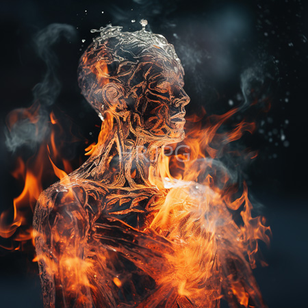 High Resolution: Ethereal translucent human figure engulfed in vivid orange and yellow flames against a dark background with visible internal structures download. | HRJPG.com