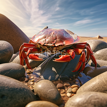 High Resolution: Red crab with detailed textures standing on smooth pebbles in a desert-like landscape under clear blue skies amidst large gray rocks download. | HRJPG.com