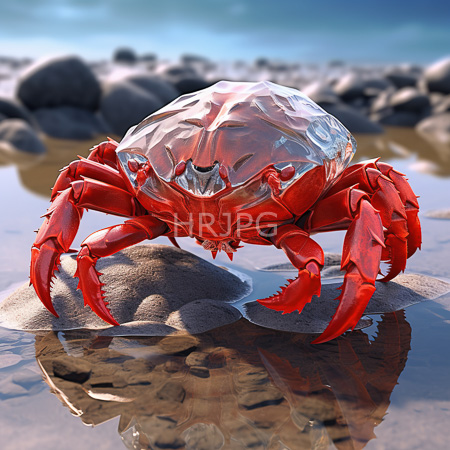 High Resolution: Iridescent red crab with a shiny exoskeleton and large claws stands on wet rocks by shallow water with a blurred rocky shoreline download. | HRJPG.com
