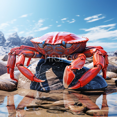 High Resolution: Enormous vivid red crab with detailed segmented limbs and shiny exoskeleton stands on black rocks in shallow water under clear blue skies download. | HRJPG.com