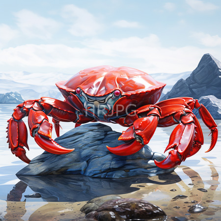 High Resolution: Enormous shiny red crab with metallic textures and large claws stands on rocky terrain by icy waters with snow-capped mountains in the background download. | HRJPG.com