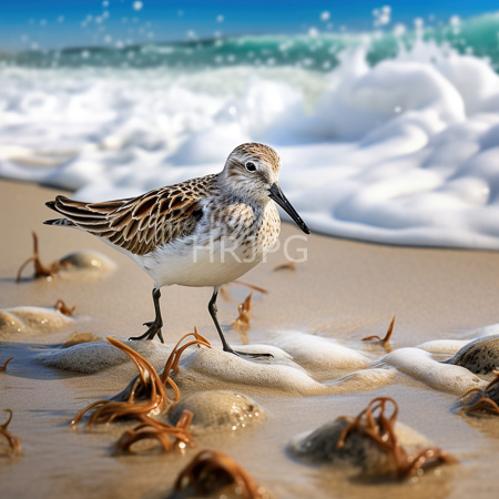 High Resolution: American sandpiper with brown and white speckled feathers stands on a wet sandy beach amidst seaweed clumps with waves crashing in the background download. | HRJPG.com