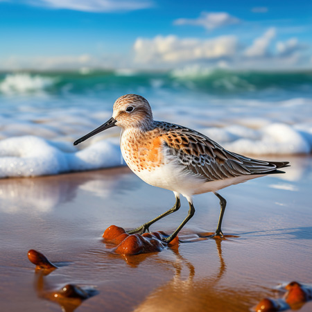 High Resolution: Orange-brown and white shorebird with a black beak stands on wet sand near small brown clams with waves in the background download. | HRJPG.com