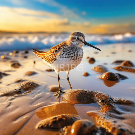 High Resolution: American golden-plover bird standing on a wet rocky beach at sunset with reflective water and a sky transitioning from blue to orange-yellow download. | HRJPG.com