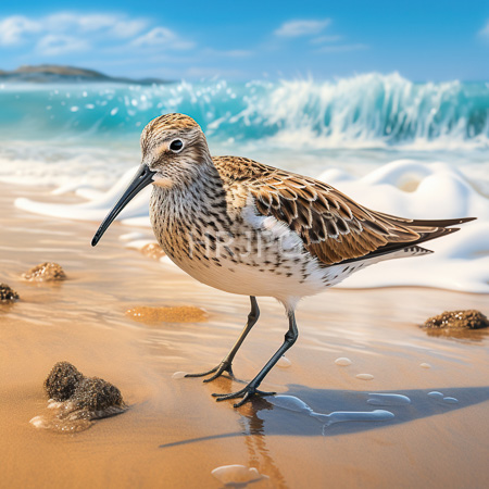 High Resolution: American oystercatcher bird standing on a wet sandy beach with brown and white speckled feathers near foamy ocean waves download. | HRJPG.com