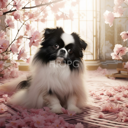 High Resolution: Adorable black and white fluffy puppy with large eyes sitting amidst pink cherry blossoms on a patterned carpet near ornate golden windows download. | HRJPG.com