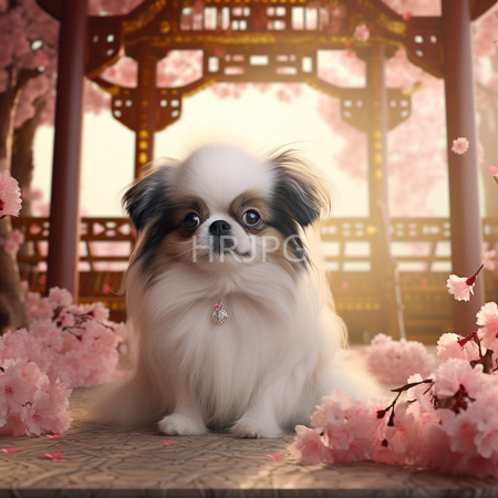 High Resolution: Adorable fluffy Shih Tzu puppy with white and black fur sitting in front of cherry blossom trees under traditional Japanese wooden pavilion architecture download. | HRJPG.com