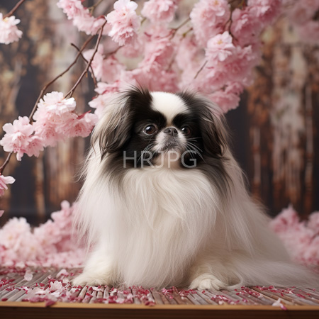 High Resolution: Adorable fluffy Shih Tzu puppy with black and white fur sitting in front of pink cherry blossom branches on a wooden floor download. | HRJPG.com