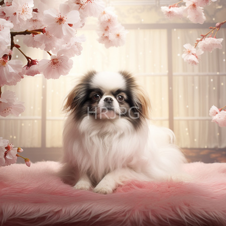 High Resolution: Adorable fluffy Shih Tzu puppy with black and white fur sitting on pink furry carpet under cherry blossom branches in a warm light setting download. | HRJPG.com