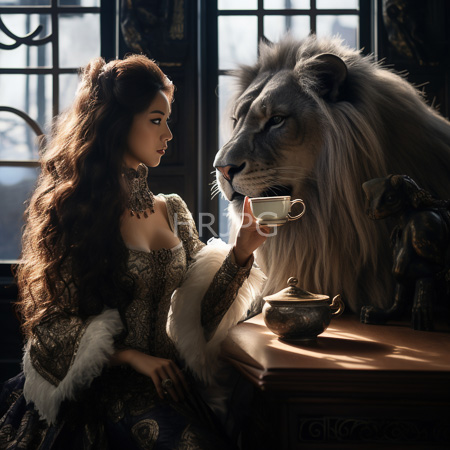 High Resolution: Elegant woman with long wavy brown hair and an intricate lace collar offering tea to a majestic lion sitting on wooden furniture in dim light download. | HRJPG.com