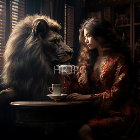 High Resolution: Ethereal scene in dim warm lighting where a woman sits at a wooden table opposite a realistic lion-man hybrid creature holding her teacup download. | HRJPG.com