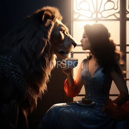 High Resolution: Ethereal scene where a woman in a blue floral dress sits holding tea cups near her face as she gazes at a majestic lion standing before her download. | HRJPG.com