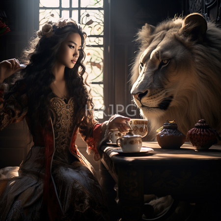 High Resolution: Asian woman with long curly black hair and an intricate gold-patterned dress sits beside a large lion at a sunlit wooden table offering tea download. | HRJPG.com