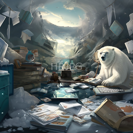High Resolution: Fantasy artwork depicting an arctic cave with sunlight streaming through a large polar bear sits at a cluttered desk amidst scattered books and papers download. | HRJPG.com