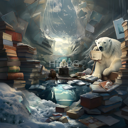 High Resolution: Fantasy artwork depicting an icy cave with sunlight streaming through cracks illuminating stacks of books and papers scattered around download. | HRJPG.com