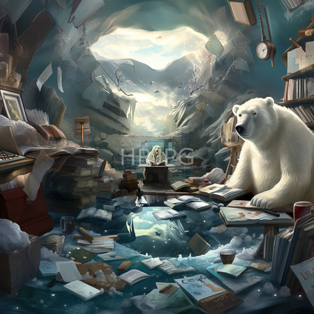 High Resolution: Icy cave with shattered ice and books scattered on water illuminated by sunlight and a large polar bear reading download. | HRJPG.com