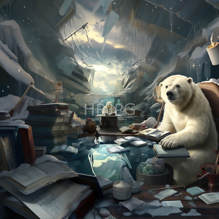 High Resolution: Anthropomorphic polar bear sitting at a cluttered desk in an icy cave surrounded by scattered books and papers download. | HRJPG.com